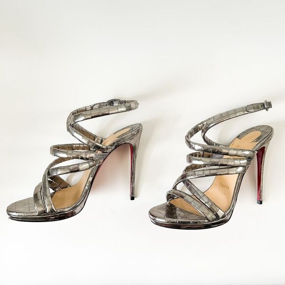 Christian Louboutin Cleissimo Leather Silver Sandals Heels Size 37, 7 - Picture 3 of 10